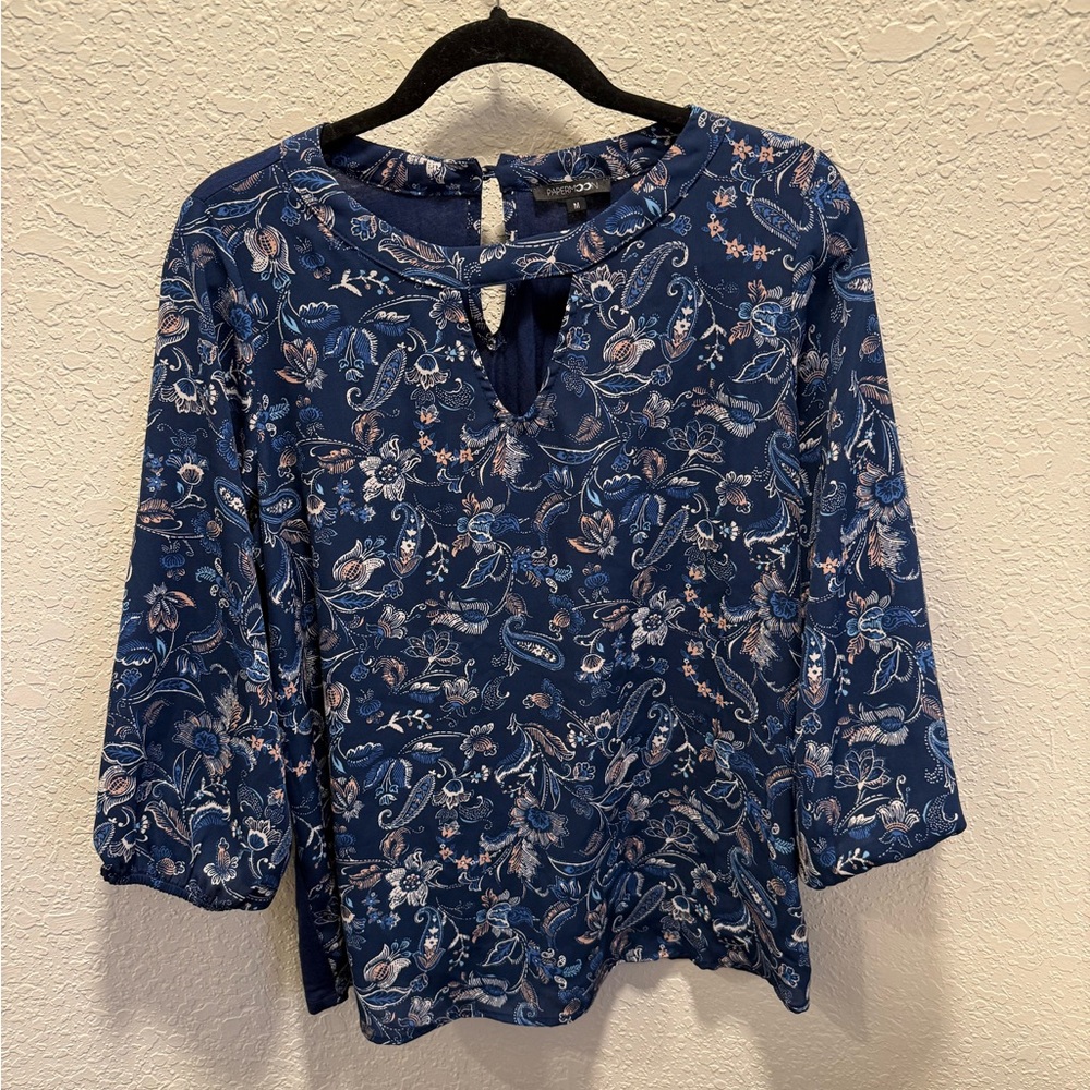 Papermoon Navy Floral Keyhole Top with 3/4 Sleeves
